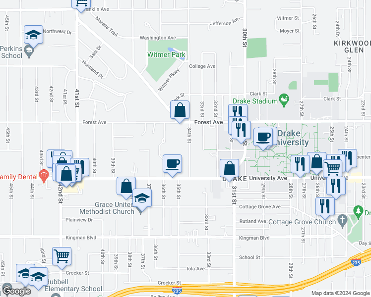 map of restaurants, bars, coffee shops, grocery stores, and more near 1305 34th Street in Des Moines