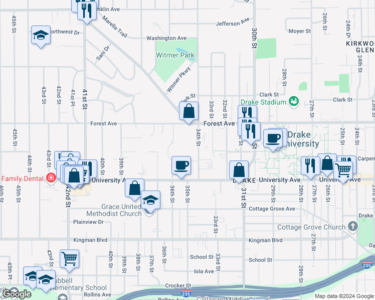 map of restaurants, bars, coffee shops, grocery stores, and more near 1304 34th Street in Des Moines