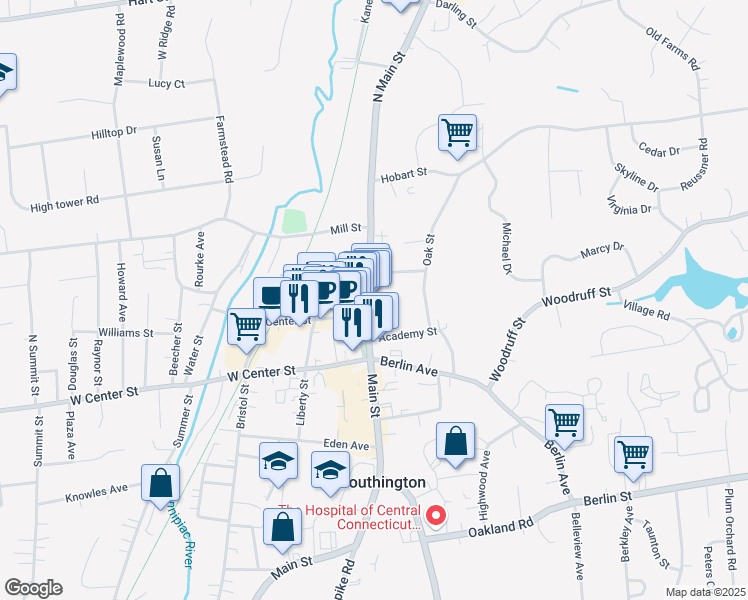map of restaurants, bars, coffee shops, grocery stores, and more near 35 North Main Street in Southington