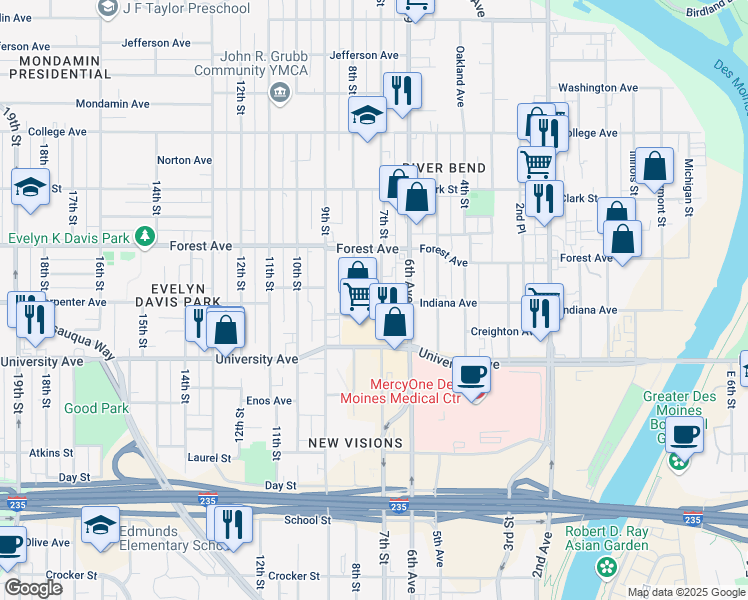 map of restaurants, bars, coffee shops, grocery stores, and more near 1310 7th Street in Des Moines