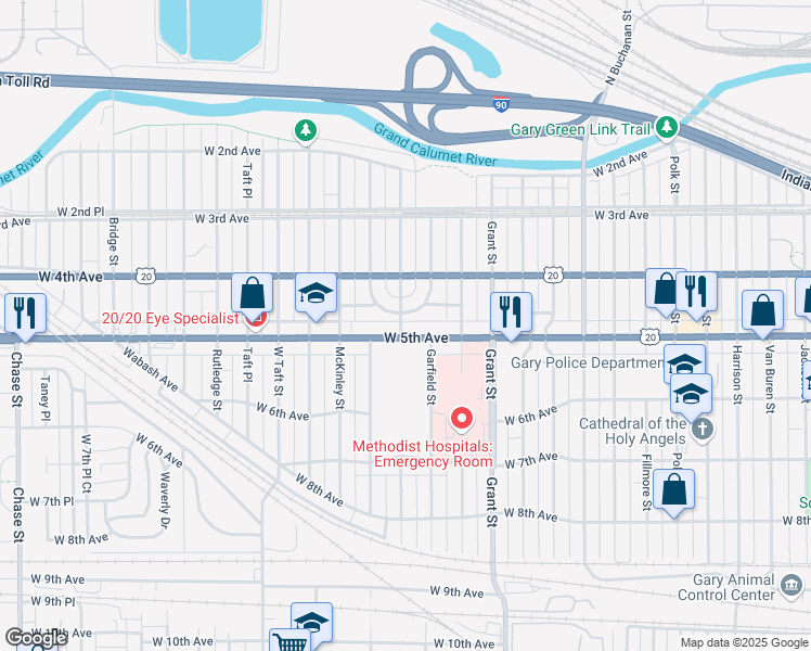 map of restaurants, bars, coffee shops, grocery stores, and more near 477 Arthur Street in Gary