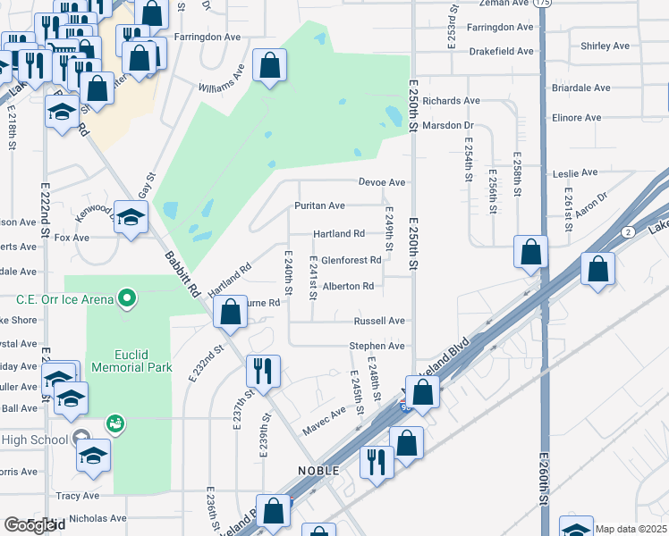 map of restaurants, bars, coffee shops, grocery stores, and more near 24270 Glenforest Rd in Euclid