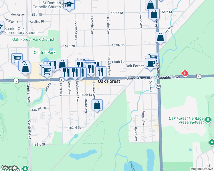 map of restaurants, bars, coffee shops, grocery stores, and more near 15920 Le Claire Avenue in Oak Forest