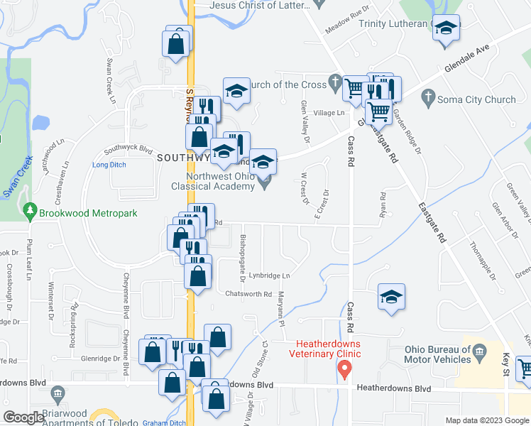map of restaurants, bars, coffee shops, grocery stores, and more near 5020 Ryan Road in Toledo
