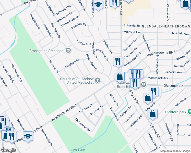 map of restaurants, bars, coffee shops, grocery stores, and more near 2001 Colony Drive in Toledo