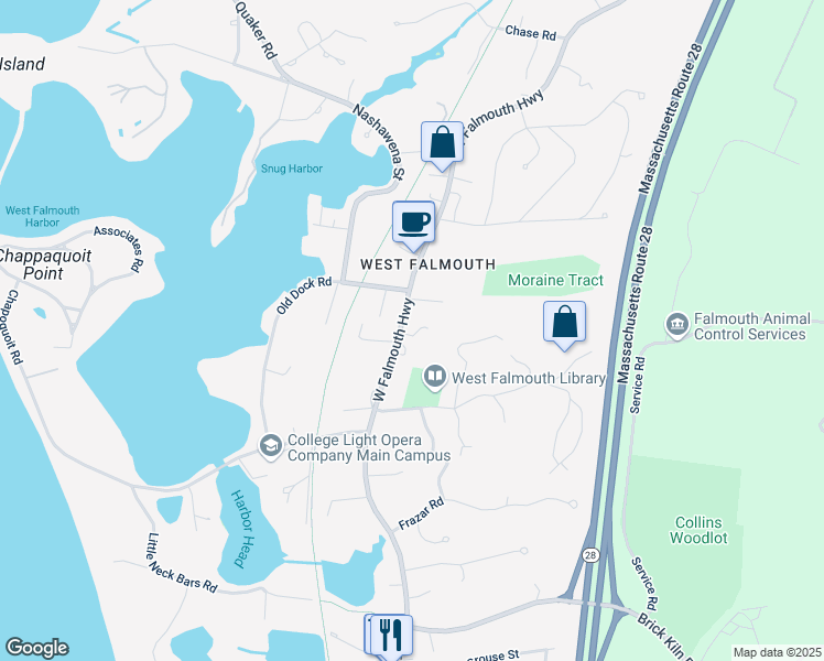 map of restaurants, bars, coffee shops, grocery stores, and more near 597 West Falmouth Highway in Falmouth