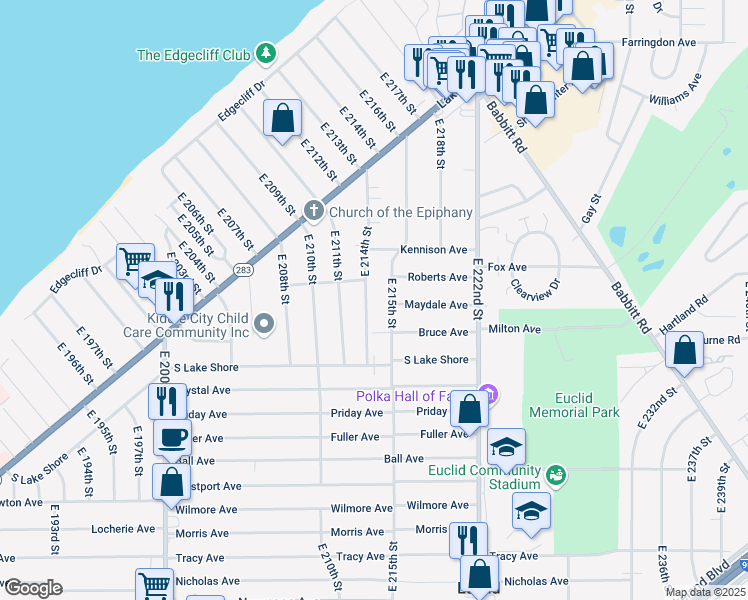 map of restaurants, bars, coffee shops, grocery stores, and more near 366 East 215th Street in Euclid