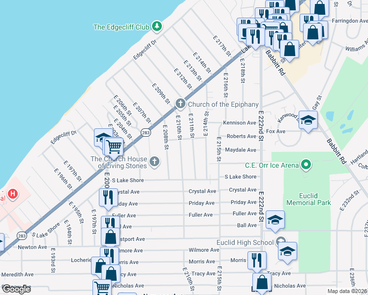 map of restaurants, bars, coffee shops, grocery stores, and more near 294 East 210th Street in Euclid