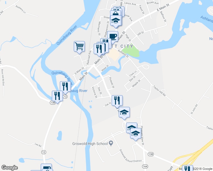 map of restaurants, bars, coffee shops, grocery stores, and more near 78 Slater Avenue in Griswold