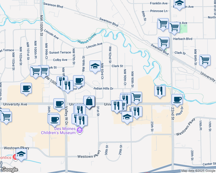 map of restaurants, bars, coffee shops, grocery stores, and more near 9221 Indian Hills Drive in Clive