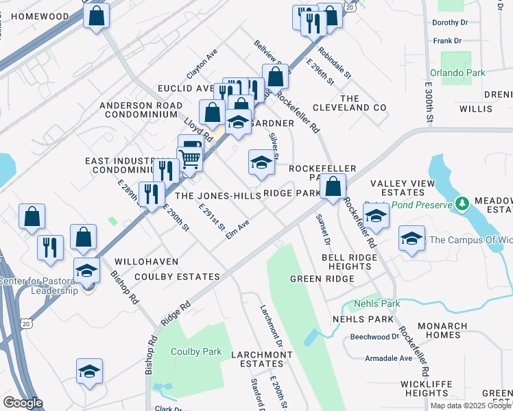 map of restaurants, bars, coffee shops, grocery stores, and more near 1836 Lincoln Road in Wickliffe
