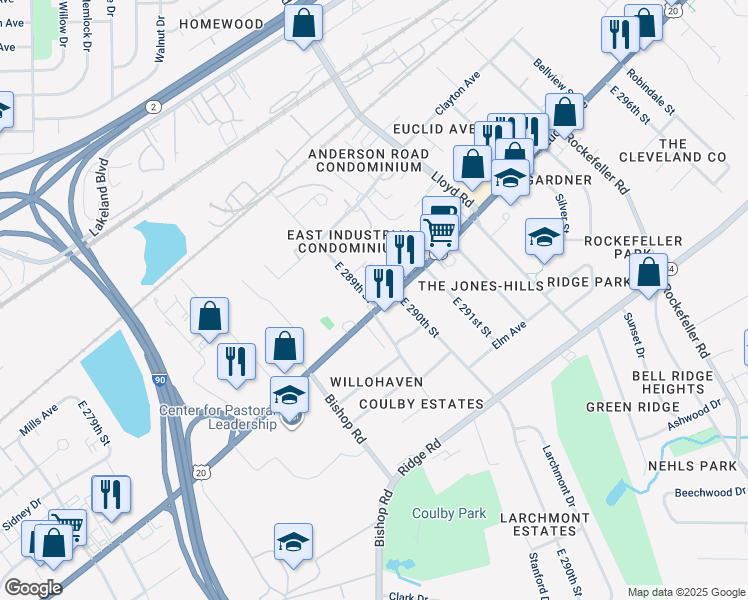 map of restaurants, bars, coffee shops, grocery stores, and more near 28949 Euclid Avenue in Wickliffe