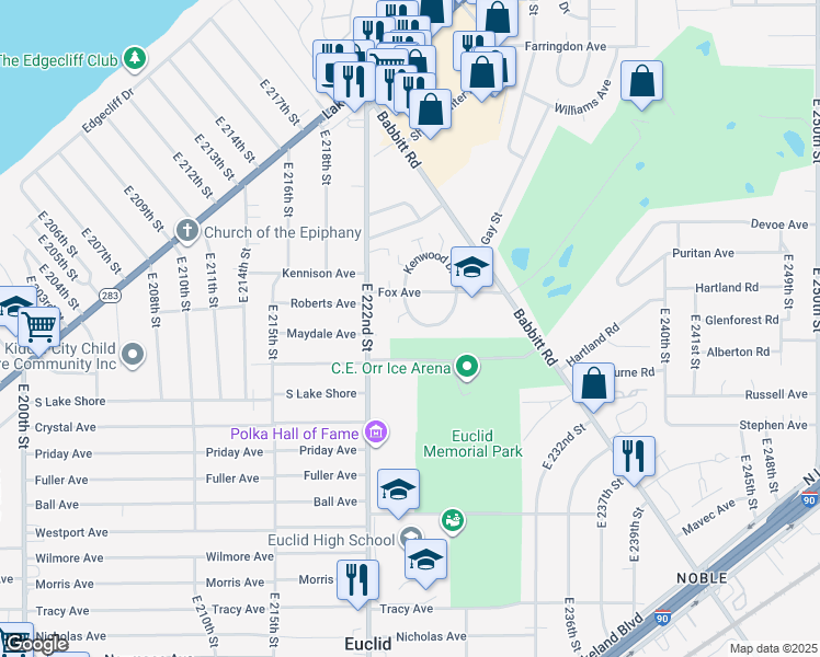 map of restaurants, bars, coffee shops, grocery stores, and more near 442 Clearview Drive in Euclid