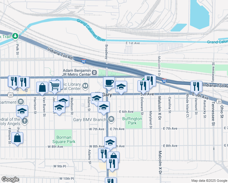 map of restaurants, bars, coffee shops, grocery stores, and more near 2038 East 5th Avenue in Gary