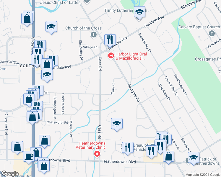 map of restaurants, bars, coffee shops, grocery stores, and more near 4740 Ryan Road in Toledo