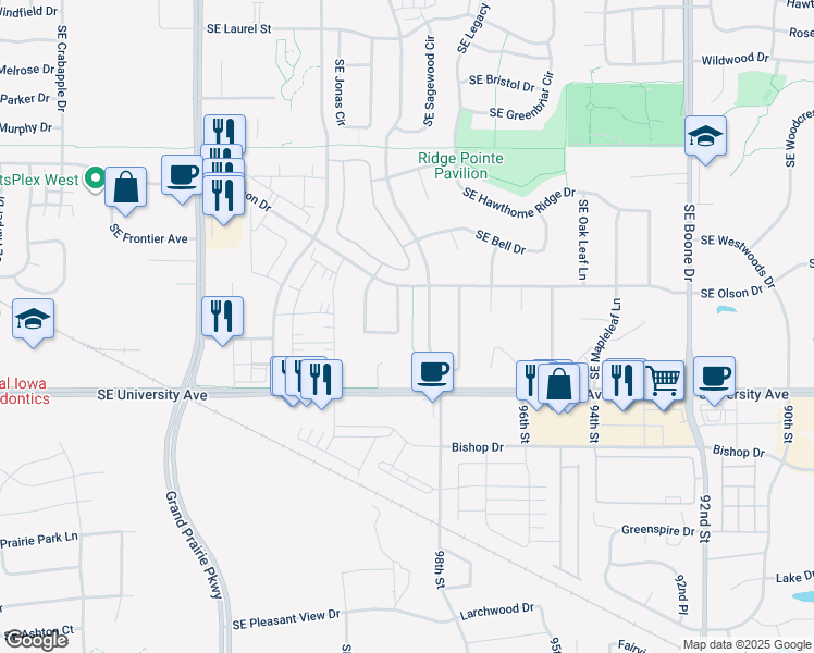 map of restaurants, bars, coffee shops, grocery stores, and more near 1095 Southeast Bluegrass Circle in Waukee