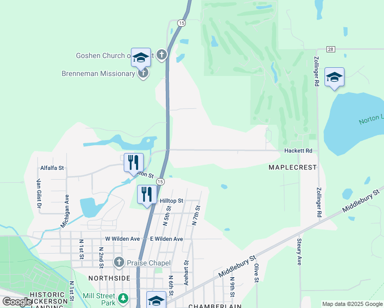 map of restaurants, bars, coffee shops, grocery stores, and more near 118 Hackett Road in Goshen