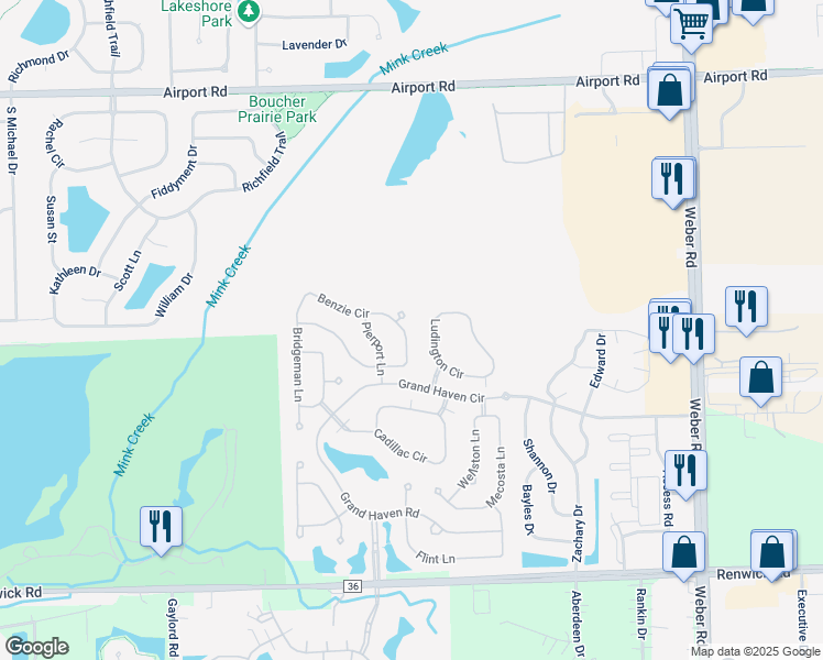 map of restaurants, bars, coffee shops, grocery stores, and more near 1556 Benzie Circle in Romeoville