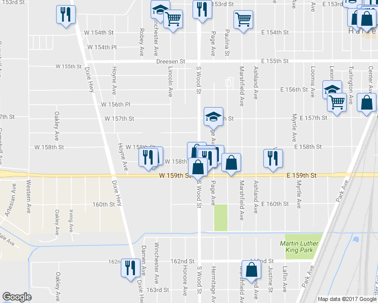 map of restaurants, bars, coffee shops, grocery stores, and more near 114 W 158th St in Harvey
