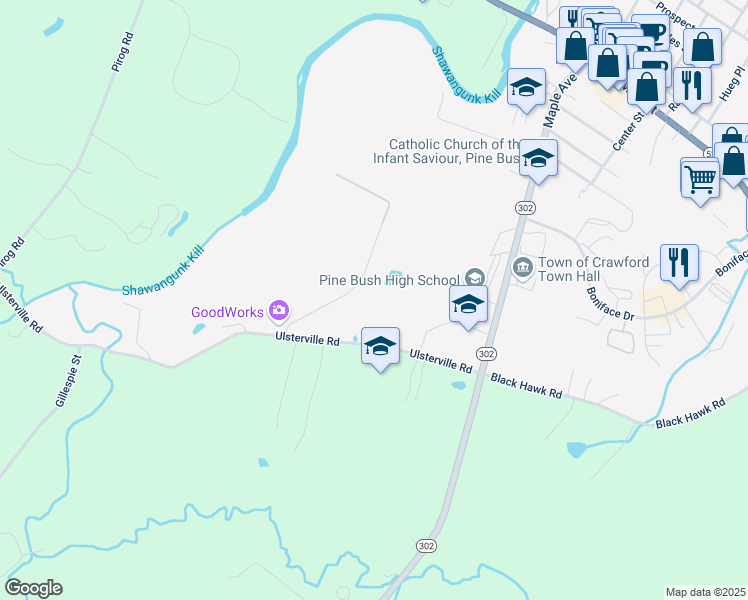 map of restaurants, bars, coffee shops, grocery stores, and more near 20 Beatty Lane in Pine Bush