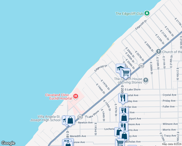 map of restaurants, bars, coffee shops, grocery stores, and more near 19641 Edgecliff Drive in Euclid