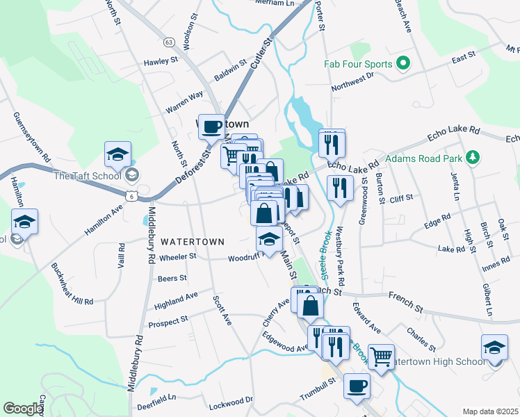 map of restaurants, bars, coffee shops, grocery stores, and more near 587 Main Street in Watertown