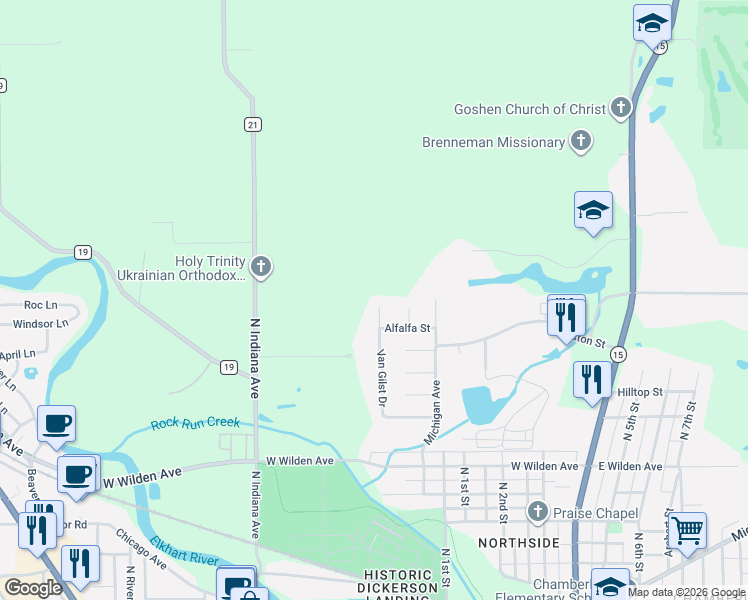 map of restaurants, bars, coffee shops, grocery stores, and more near 1119 Van Gilst Drive in Goshen