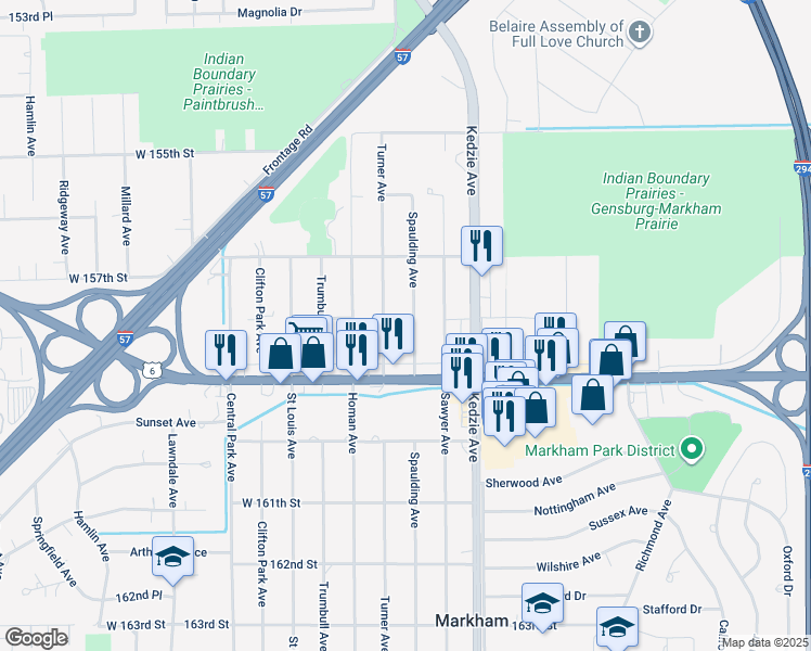 map of restaurants, bars, coffee shops, grocery stores, and more near 15802 Spaulding Avenue in Markham
