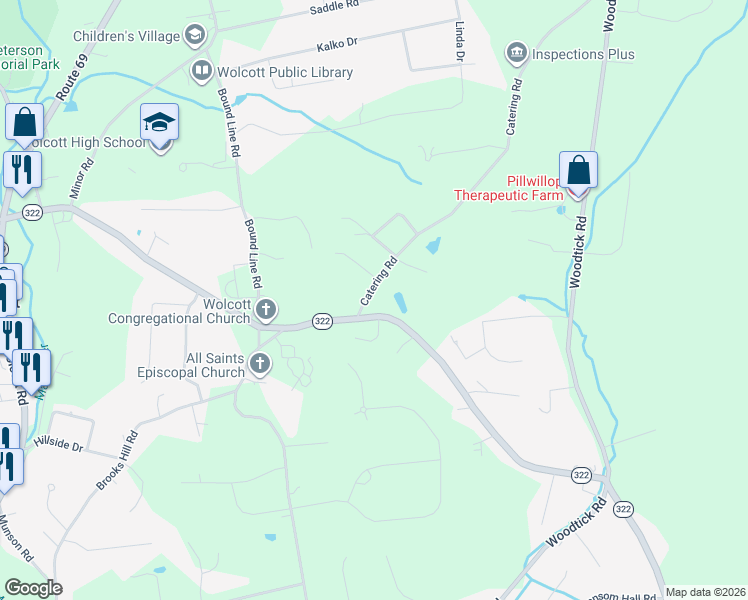 map of restaurants, bars, coffee shops, grocery stores, and more near 10 Catering Road in Wolcott