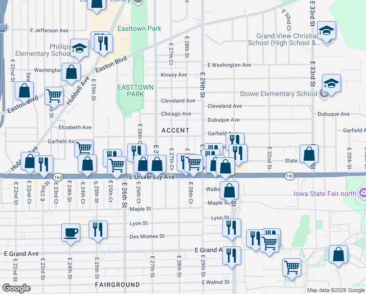 map of restaurants, bars, coffee shops, grocery stores, and more near 1246 East 28th Street in Des Moines