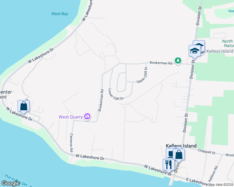 map of restaurants, bars, coffee shops, grocery stores, and more near 202 The Loop in Kelleys Island