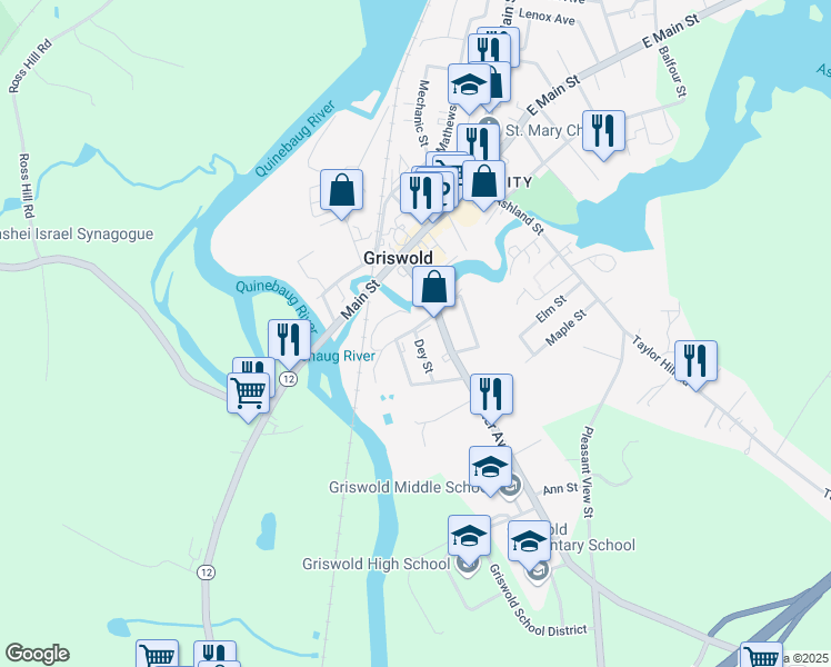 map of restaurants, bars, coffee shops, grocery stores, and more near 2 Wedgewood Drive in Griswold