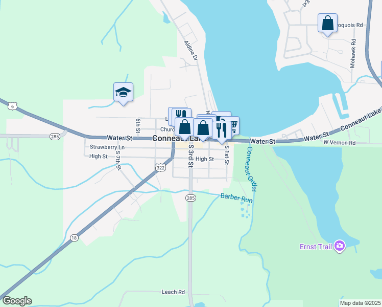 map of restaurants, bars, coffee shops, grocery stores, and more near 100 South 3rd Street in Conneaut Lake