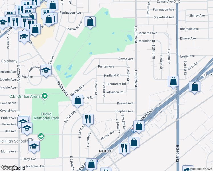 map of restaurants, bars, coffee shops, grocery stores, and more near 24270 Glenforest Road in Euclid