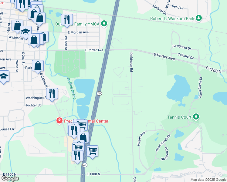 map of restaurants, bars, coffee shops, grocery stores, and more near 800-992 Dickinson Road in Chesterton