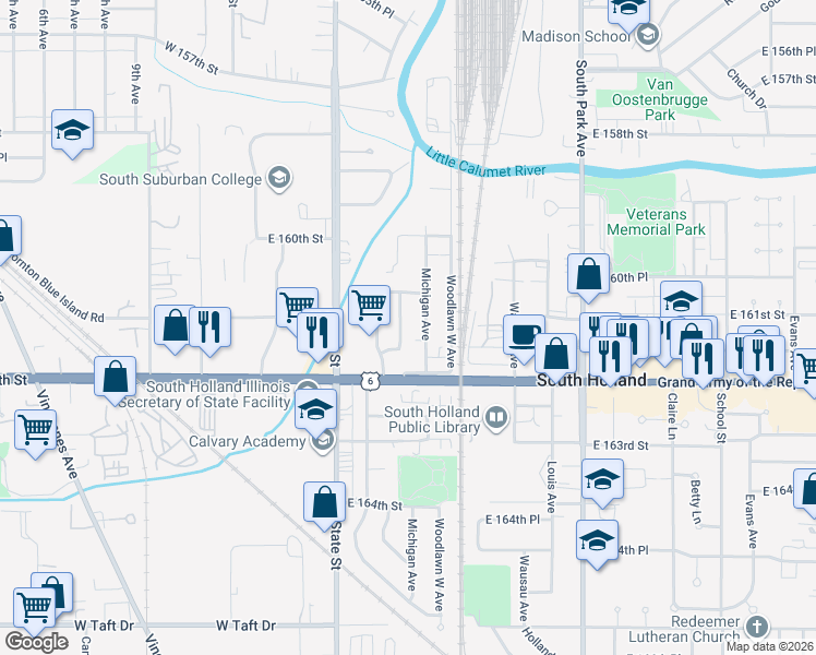 map of restaurants, bars, coffee shops, grocery stores, and more near 16100 Michigan Avenue in South Holland