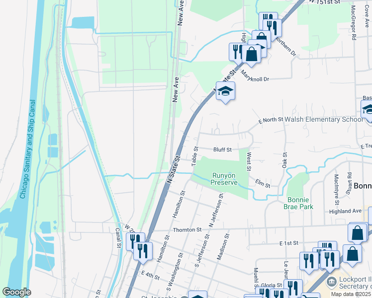 map of restaurants, bars, coffee shops, grocery stores, and more near 423 North State Street in Lockport