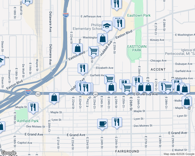 map of restaurants, bars, coffee shops, grocery stores, and more near 2407 Garfield Avenue in Des Moines