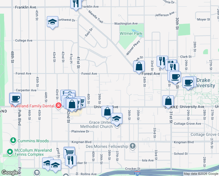 map of restaurants, bars, coffee shops, grocery stores, and more near 3817 Carpenter Avenue in Des Moines