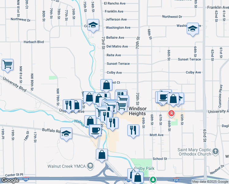 map of restaurants, bars, coffee shops, grocery stores, and more near 1251 73rd Street in Windsor Heights