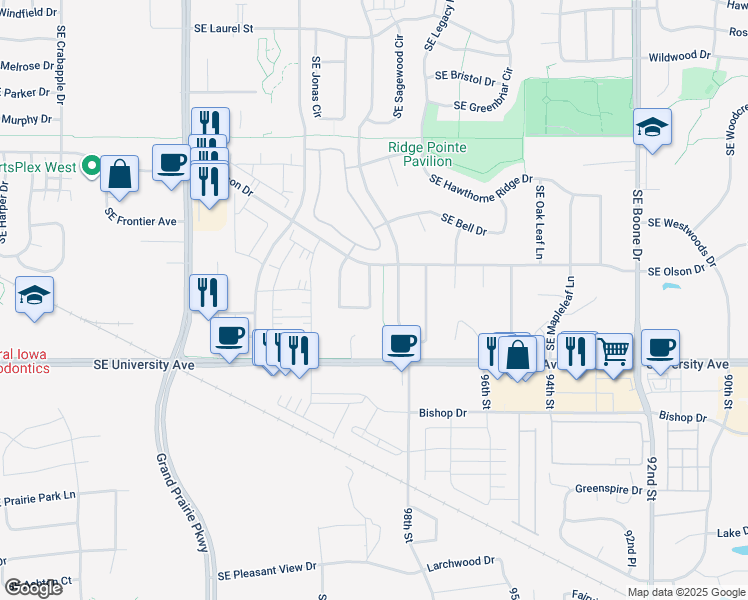 map of restaurants, bars, coffee shops, grocery stores, and more near 1095 Southeast Bluegrass Circle in Waukee