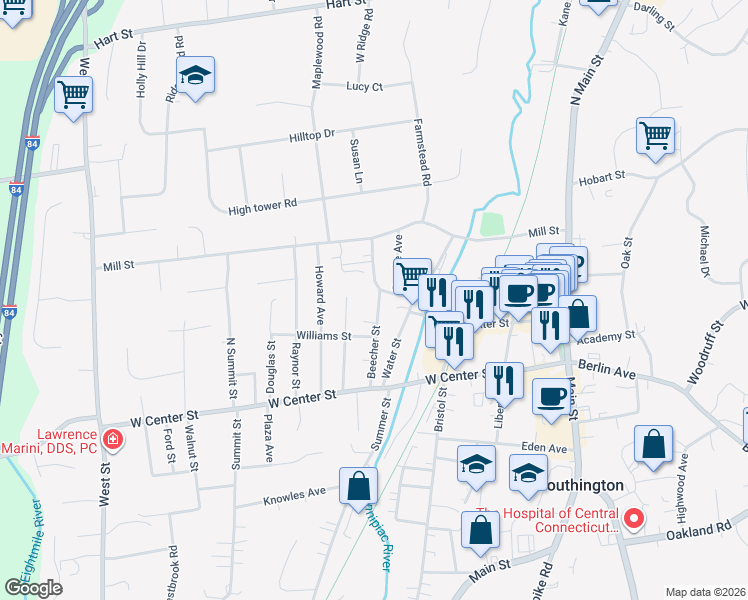 map of restaurants, bars, coffee shops, grocery stores, and more near 104 Beecher Street in Southington