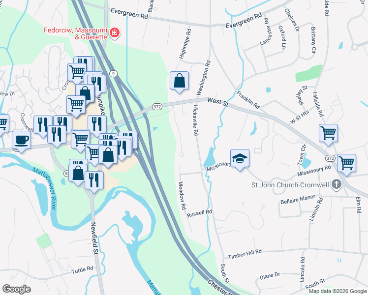 map of restaurants, bars, coffee shops, grocery stores, and more near 18 Mystique Lane in Cromwell