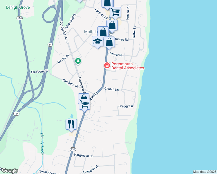 map of restaurants, bars, coffee shops, grocery stores, and more near 26 Church Lane in Portsmouth