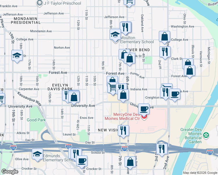 map of restaurants, bars, coffee shops, grocery stores, and more near 1314 8th Street in Des Moines