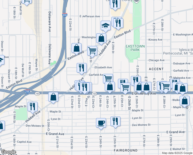 map of restaurants, bars, coffee shops, grocery stores, and more near 2407 Garfield Avenue in Des Moines