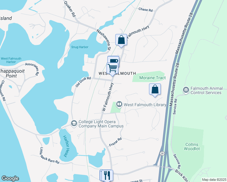 map of restaurants, bars, coffee shops, grocery stores, and more near 597 West Falmouth Highway in Falmouth