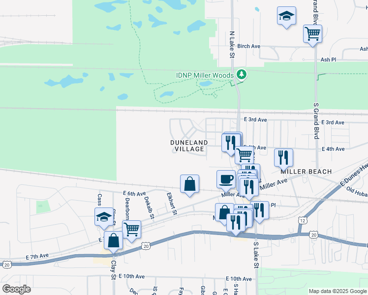 map of restaurants, bars, coffee shops, grocery stores, and more near 427 Old Duneland Parkway in Gary