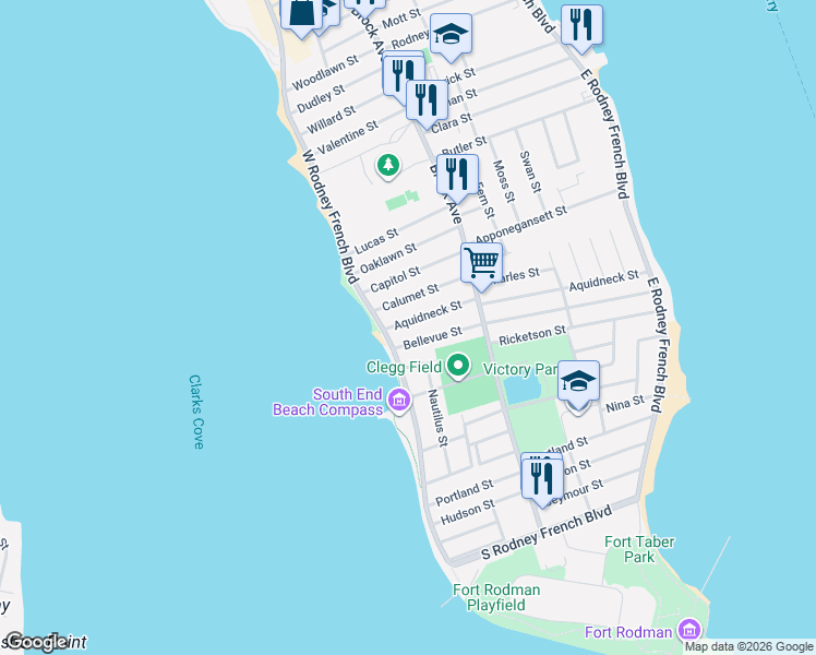 map of restaurants, bars, coffee shops, grocery stores, and more near 270 Aquidneck Street in New Bedford