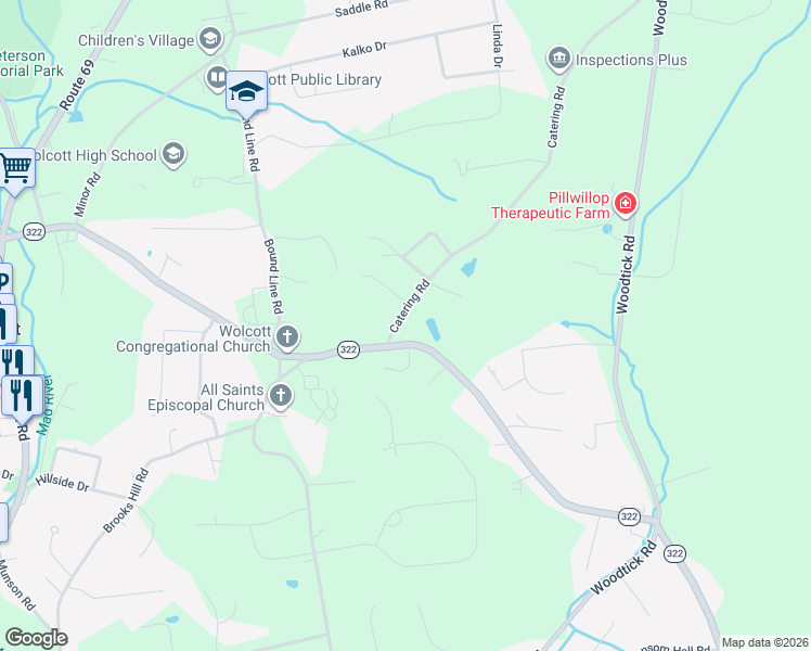 map of restaurants, bars, coffee shops, grocery stores, and more near 10 Catering Road in Wolcott